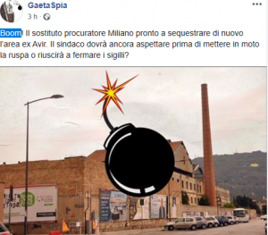 Il post con cui, ieri, sempre la pagina Gaetaspia preannunciava il sequestro di sposto dal pm Giuseppe Miliano