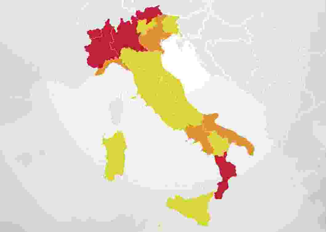 Italia divisa in zone rosse, arancioni e gialle