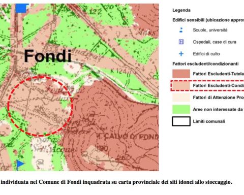Area individuata nel Comune di Fondi inquadrata su carta provinciale dei siti idonei allo stoccaggio