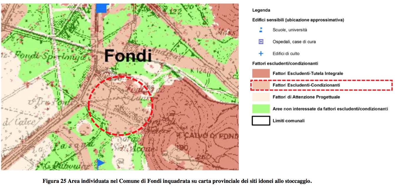 Area individuata nel Comune di Fondi inquadrata su carta provinciale dei siti idonei allo stoccaggio
