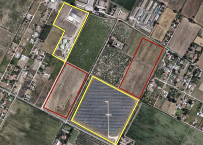 In rosso, le due aree dove sorgerà il nuovo impianto fotovoltaico in Via Pantanelle, Aprilia